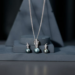 Genuine Tahitian Pearl and Diamond Drop Necklace Earrings Set
