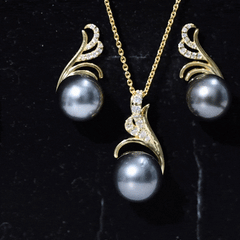 Designer Tahitian Black Pearl Necklace and Earrings Set with Moissanite