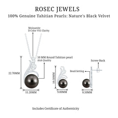 Designer Tahitian Black Pearl Necklace and Earrings Set with Moissanite
