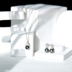 Designer Tahitian Black Pearl Necklace and Earrings Set with Moissanite