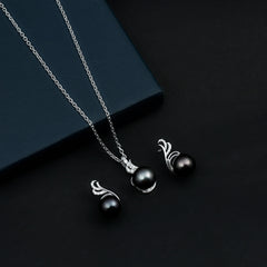 Designer Tahitian Black Pearl Necklace and Earrings Set with Moissanite