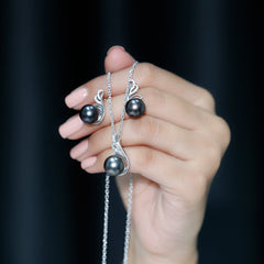 Designer Tahitian Black Pearl Necklace and Earrings Set with Moissanite