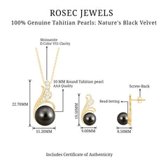 Designer Tahitian Black Pearl Necklace and Earrings Set with Moissanite