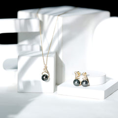 Designer Tahitian Black Pearl Necklace and Earrings Set with Moissanite