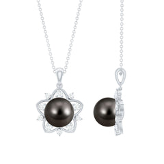 Real Tahitian Pearl and Diamond Star Pendant Necklace With Chain