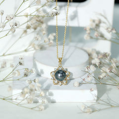 Real Tahitian Pearl and Diamond Star Pendant Necklace With Chain