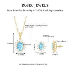 Natural 2 Carat Oval Aquamarine Necklace and Earrings Set with Certificate