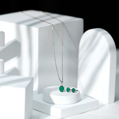 Genuine Emerald Solitaire Pendant and Earrings Set with Moissanite