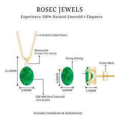 Genuine Emerald Solitaire Pendant and Earrings Set with Moissanite
