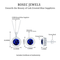 Classic Lab Grown Blue Sapphire And Moissanite Halo Bridal Jewelry Set