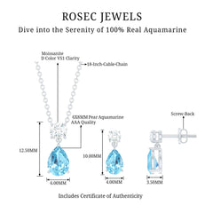 Real Pear Cut Aquamarine Teardrop Jewelry Set with Moissanite