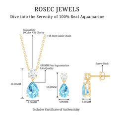 Real Pear Cut Aquamarine Teardrop Jewelry Set with Moissanite