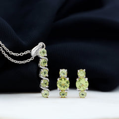 Round Cut Natural Peridot Bar Necklace and Earrings Set
