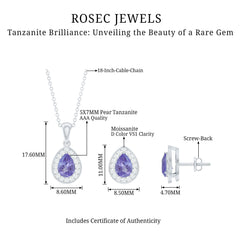 Certified 2.52 Carat Tanzanite Teardrop Jewelry Set with Moissanite Halo