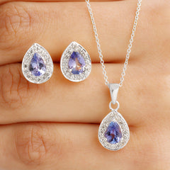 Certified 2.52 Carat Tanzanite Teardrop Jewelry Set with Moissanite Halo