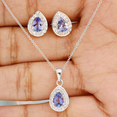 Certified 2.52 Carat Tanzanite Teardrop Jewelry Set with Moissanite Halo