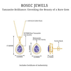 Certified 2.52 Carat Tanzanite Teardrop Jewelry Set with Moissanite Halo