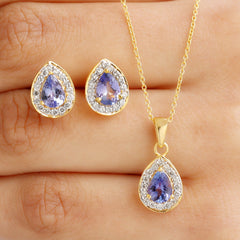 Certified 2.52 Carat Tanzanite Teardrop Jewelry Set with Moissanite Halo