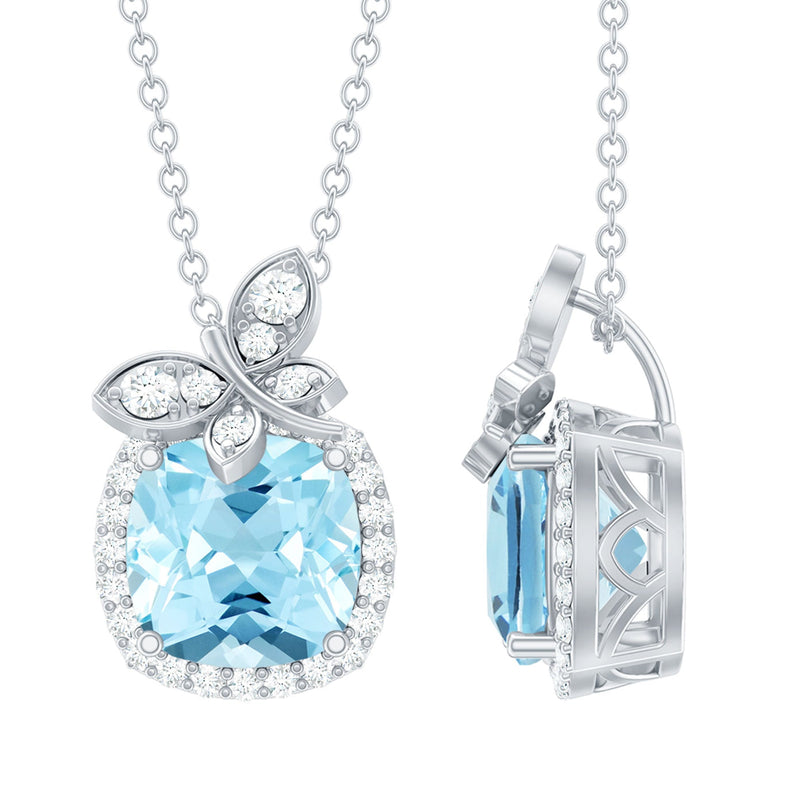 Natural Cushion Cut 1 Carat Aquamarine Pendant Necklace with Butterfly