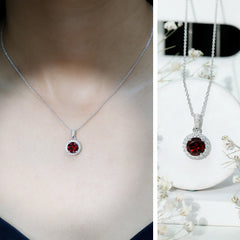 Sterling Silver 2.3 Carat Garnet Halo Necklace with Silver Chain