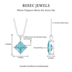3 Carat Princess Cut Sky Blue Topaz Solitaire Necklace with Silver Chain