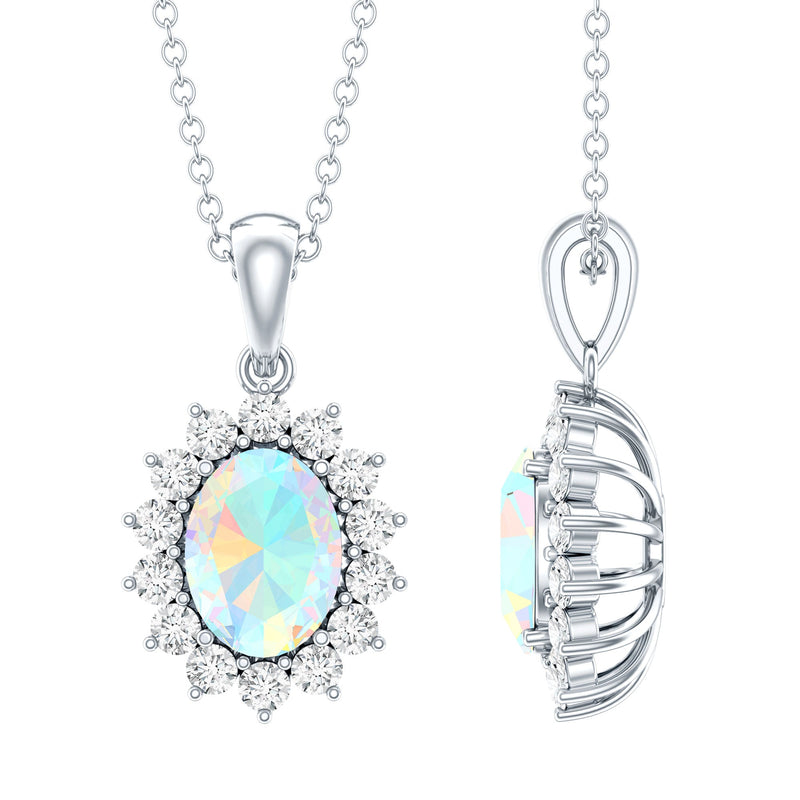 Real 1.9 Carat Ethiopian Opal Halo Necklace With Silver Chain