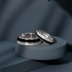 Real Diamond Couple Band Ring Set with Black Enamel