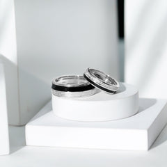 Real Diamond Couple Band Ring Set with Black Enamel