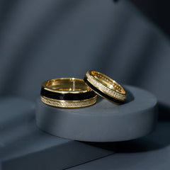 Real Diamond Couple Band Ring Set with Black Enamel