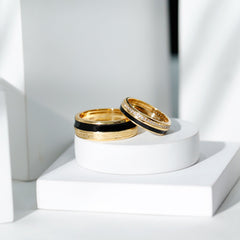 Real Diamond Couple Band Ring Set with Black Enamel