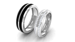Diamond Couple Band Ring Set with Black Enamel