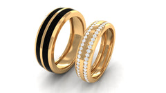Diamond Couple Band Ring Set with Black Enamel