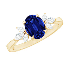 Certified 1.5 Carat Oval Lab Grown Blue Sapphire Engagement Ring with Diamond Trio