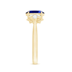 Certified 1.5 Carat Oval Lab Grown Blue Sapphire Engagement Ring with Diamond Trio