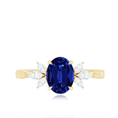 Certified 1.5 Carat Oval Lab Grown Blue Sapphire Engagement Ring with Diamond Trio