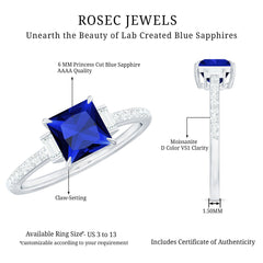 Princess Cut Created Blue Sapphire Solitaire Engagement Ring With Moissanite
