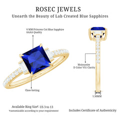 Princess Cut Created Blue Sapphire Solitaire Engagement Ring With Moissanite