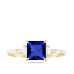 Princess Cut Created Blue Sapphire Solitaire Engagement Ring With Moissanite