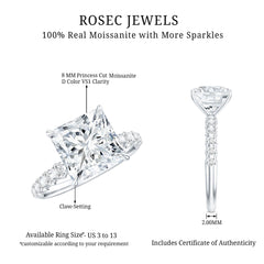 Certified 8 MM Moissanite Princess Cut Engagement Ring with Side Stones