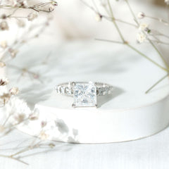 Certified 8 MM Moissanite Princess Cut Engagement Ring with Side Stones