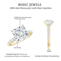 Certified 8 MM Moissanite Princess Cut Engagement Ring with Side Stones