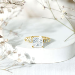 Certified 8 MM Moissanite Princess Cut Engagement Ring with Side Stones