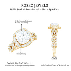 8 MM Cushion Cut Moissanite Vintage Inspired Engagement Ring