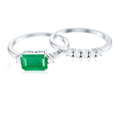 Natural Emerald Cut Emerald Diamond East West Engagement Ring and Wedding Band Set