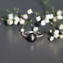 Classic Black Pearl Ring with Diamond Side Stones