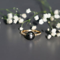 Classic Black Pearl Ring with Diamond Side Stones