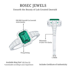 Certified Emerald Cut Lab Grown Emerald Vintage Inspired Engagement Ring with Moissanite