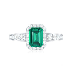 Certified Emerald Cut Lab Grown Emerald Vintage Inspired Engagement Ring with Moissanite
