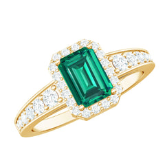 Certified Emerald Cut Lab Grown Emerald Vintage Inspired Engagement Ring with Moissanite