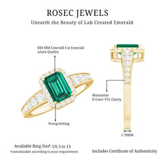 Certified Emerald Cut Lab Grown Emerald Vintage Inspired Engagement Ring with Moissanite